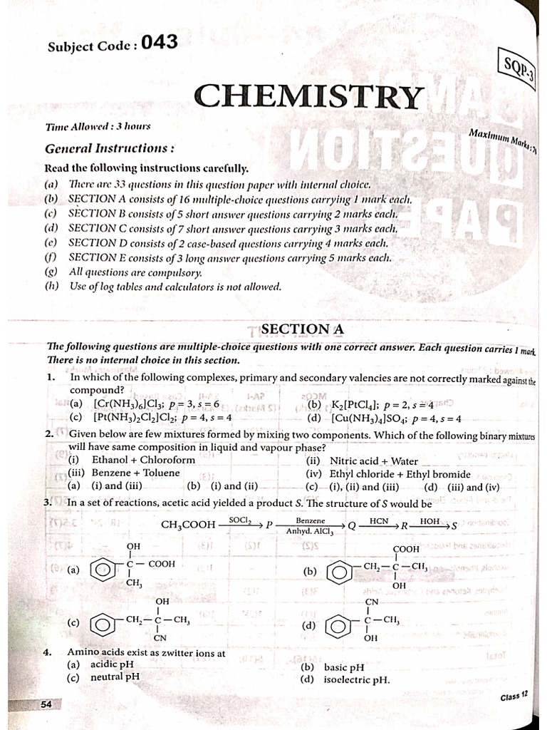 Chemistry Sample Paper 3 With Solution | PDF