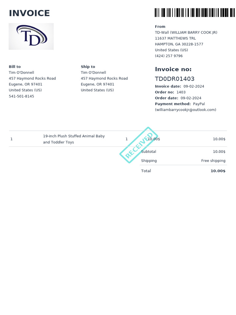 Invoice for Plush Stuffed Animal Purchase | PDF | Stuffed Toys