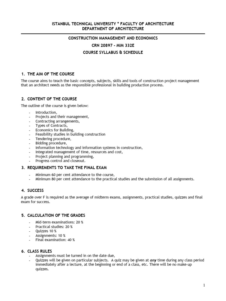 Construction Management Course Syllabus | PDF | Feasibility Study ...
