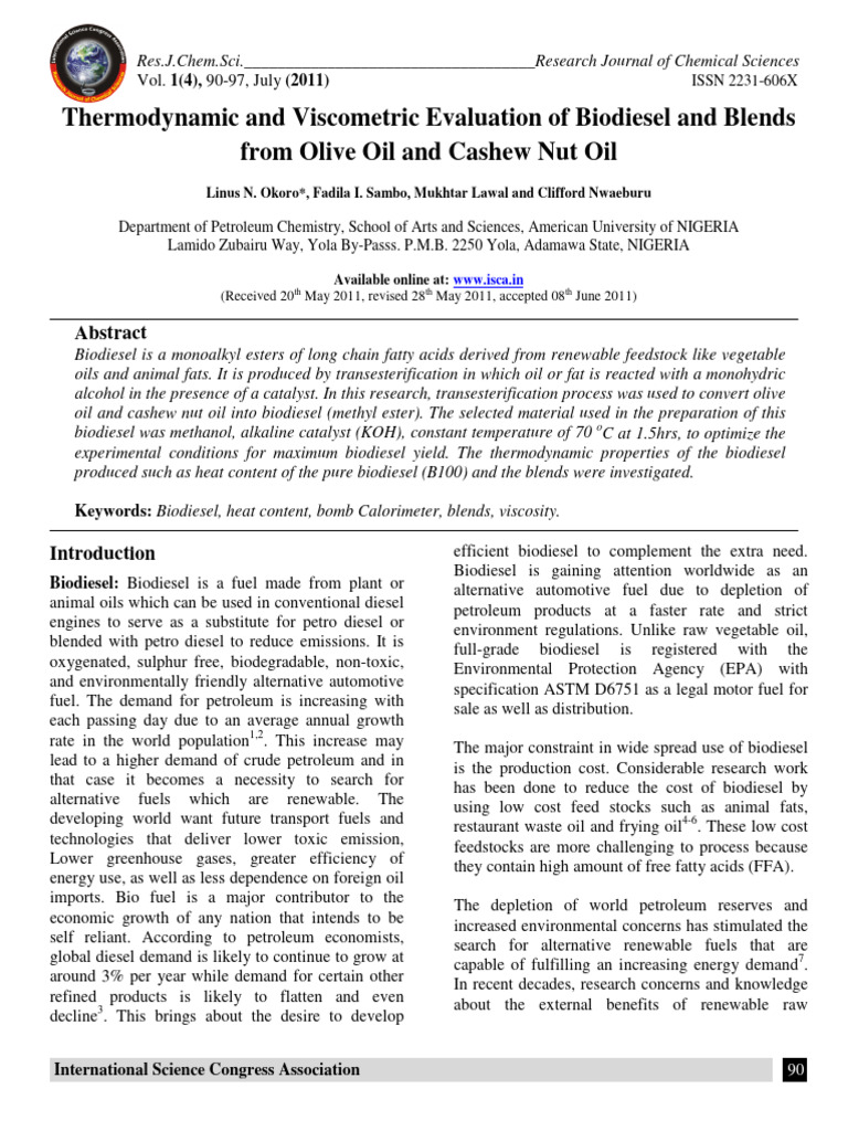 Thermodynamic and Viscometric Evaluation | PDF | Biodiesel | Diesel Fuel