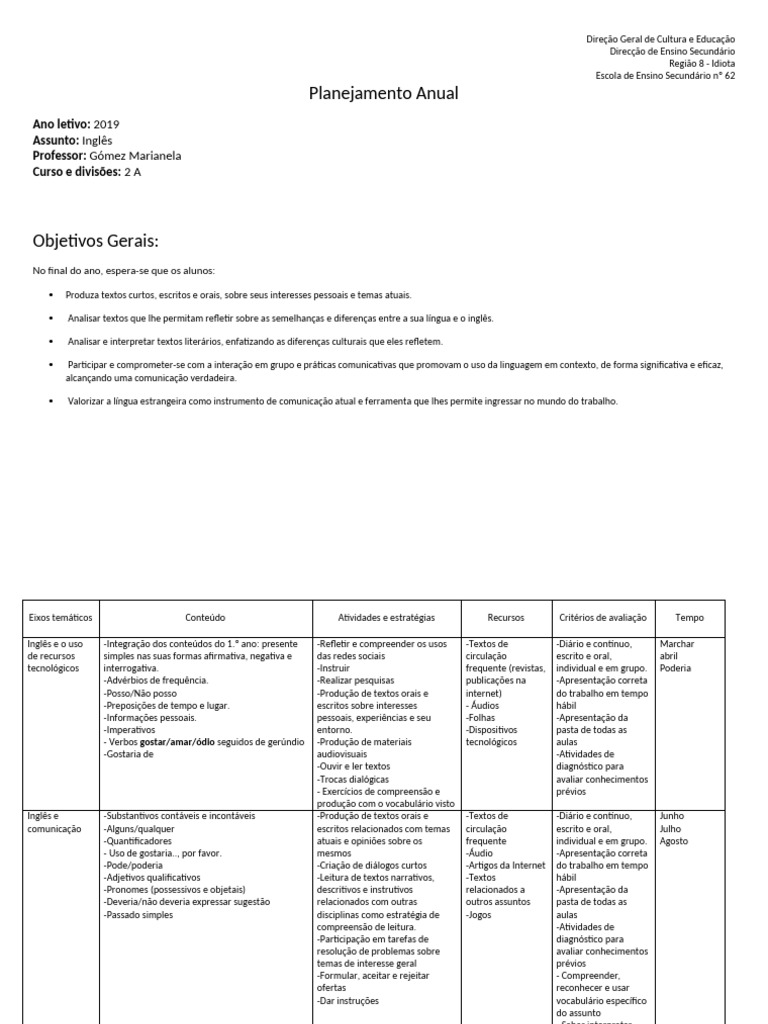 Planejamento Anual de Inglês 2019 | PDF | Comunicação | Ensino médio