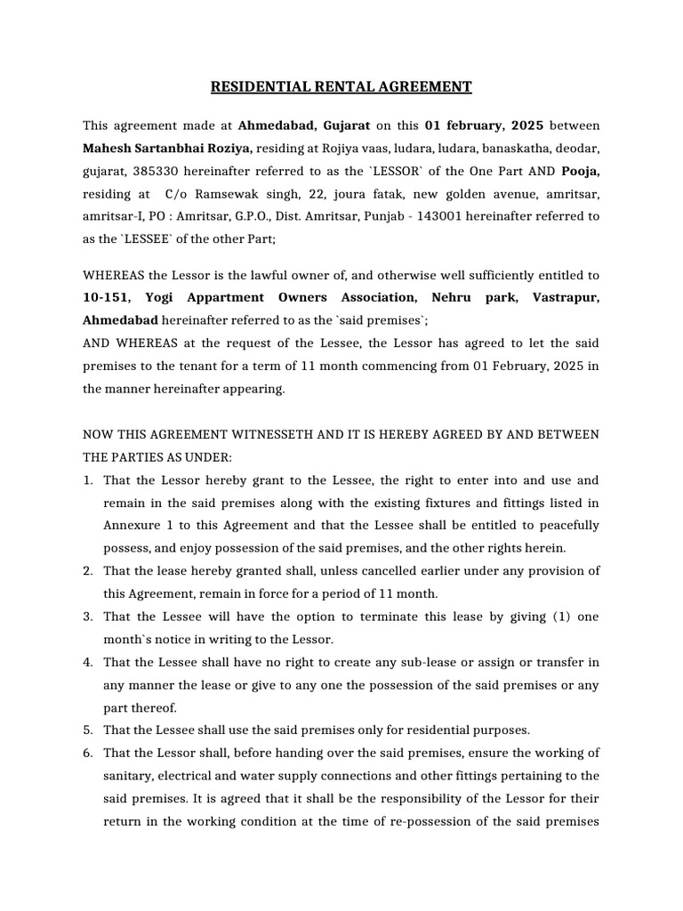 Residential Rental Agreement Format | PDF | Lease | Contract Law
