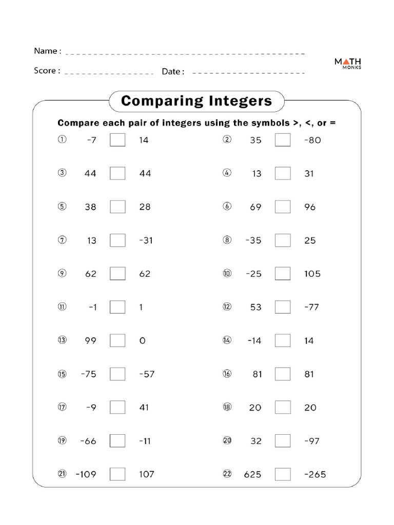Integers Worksheets With Answers Grade 7 | PDF