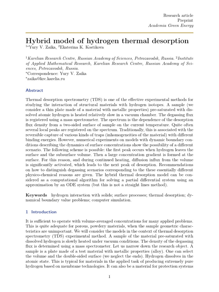 Hybrid Model of Hydrogen Thermal Desorpt | PDF | Diffusion | Equations