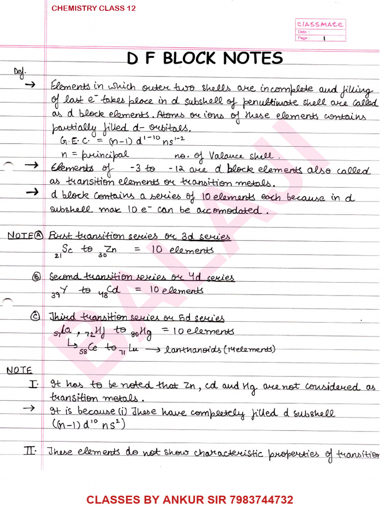 DF Block Notes for Class 12 Chemistry | PDF