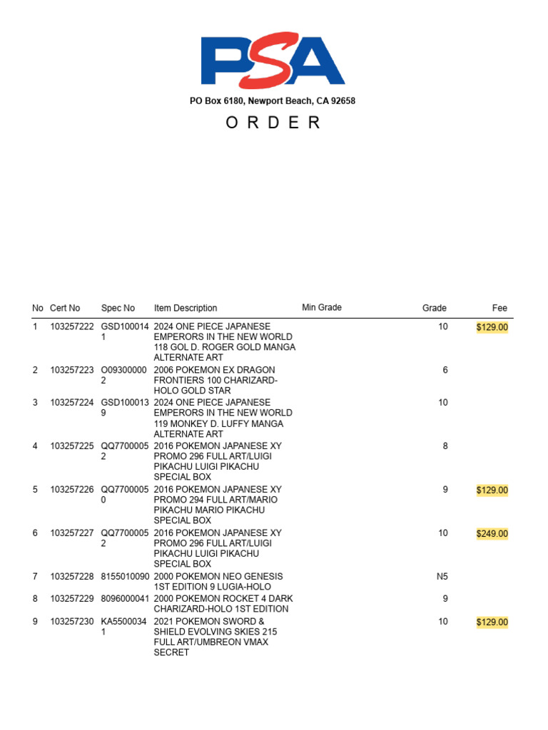 January 2025 psa regular results pdf nintendo franchises pok mon