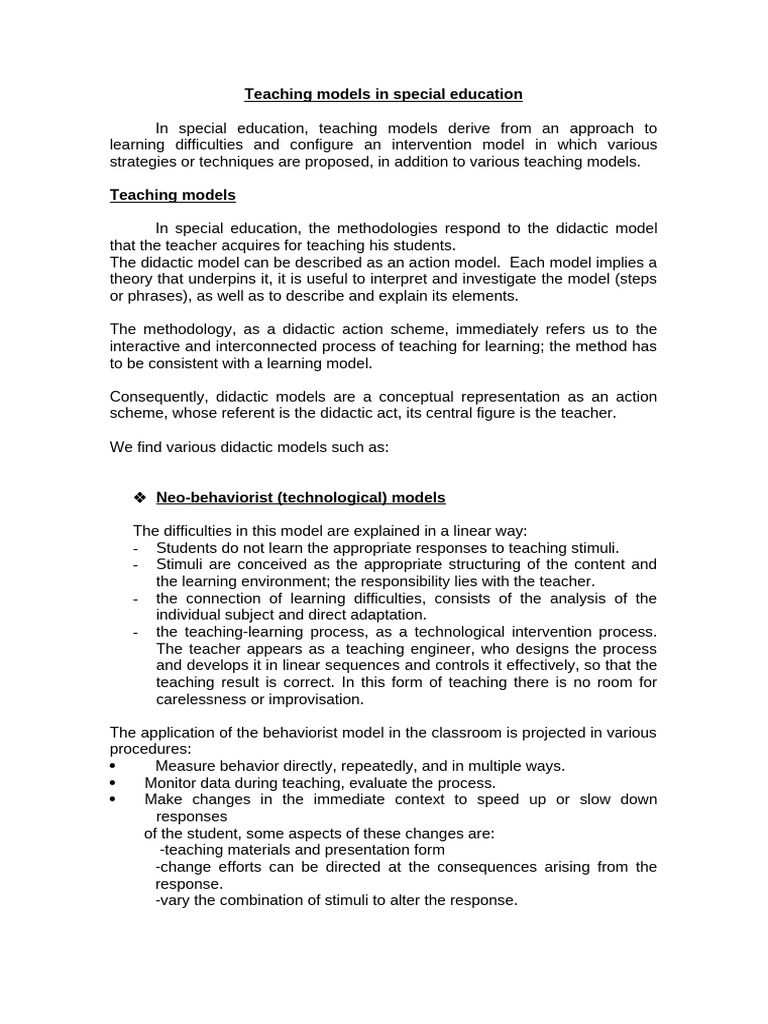 Special Education Teaching Models Explained | PDF | Learning | Curriculum