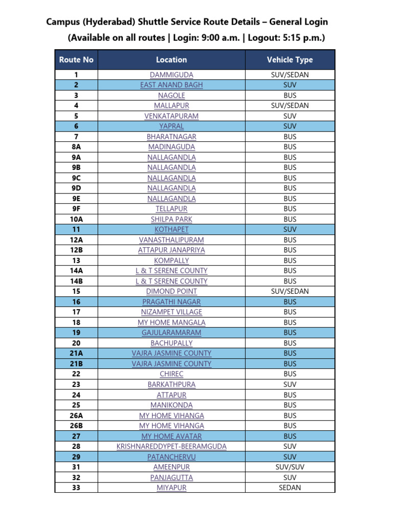 Hyderabad Campus Shuttle Service Routes | PDF | Road Transport ...