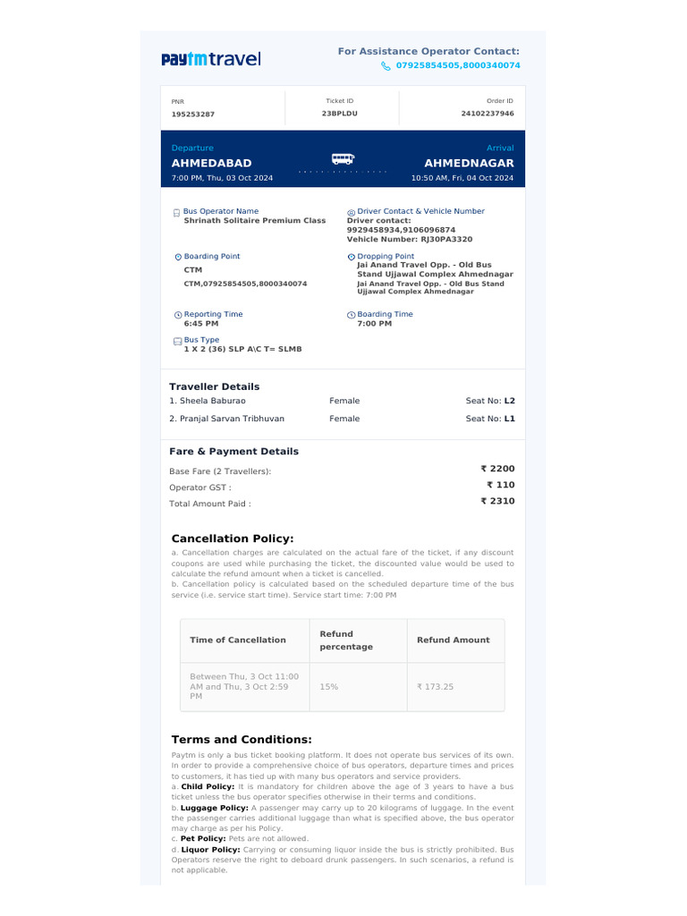 Ahmedabad to Ahmednagar Bus Ticket Details | PDF | Identity Document | Bus