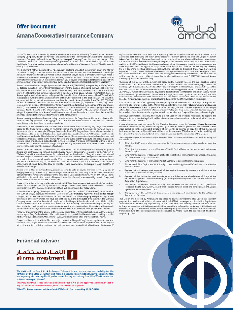 Amana-Enaya Merger Offer Document | PDF | Mergers And Acquisitions | Riyadh