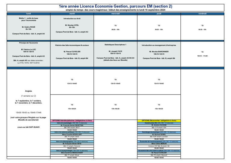 Emploi du temps Licence Économie 2024 | PDF | Science | Enseignement ...