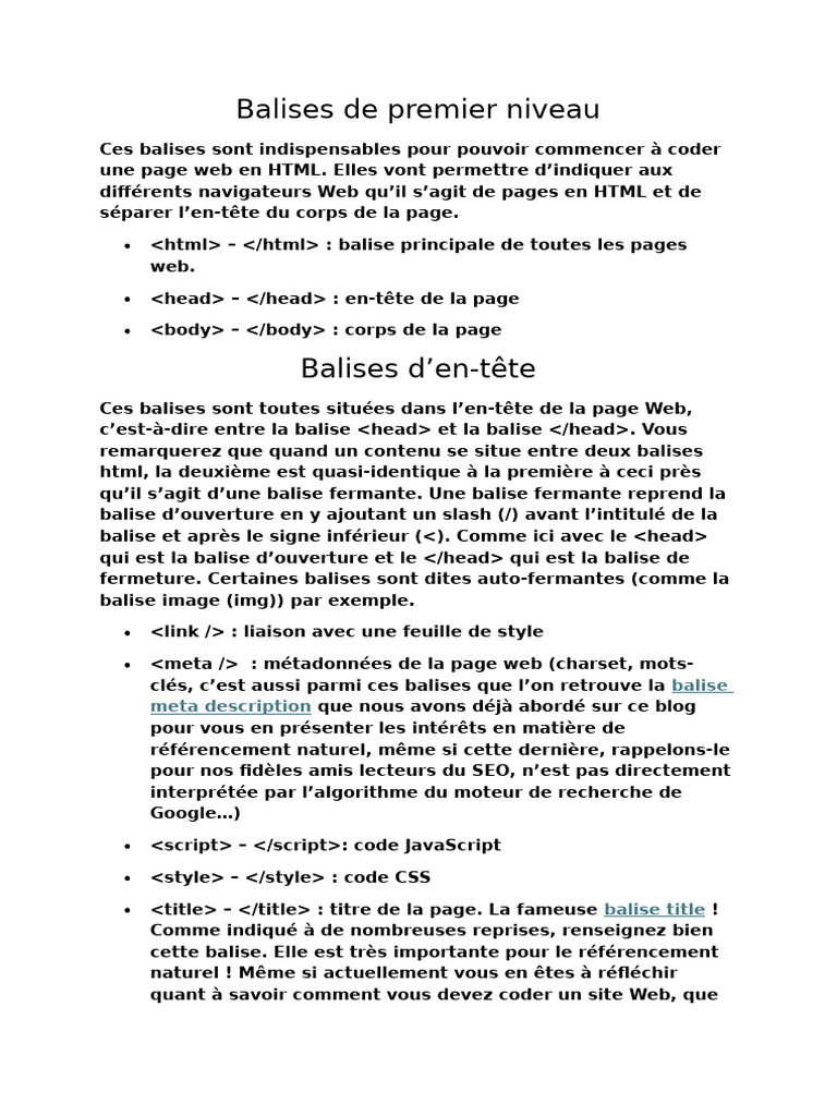 Balises de Premier Niveau | PDF | Élément HTML | Optimisation de moteur ...