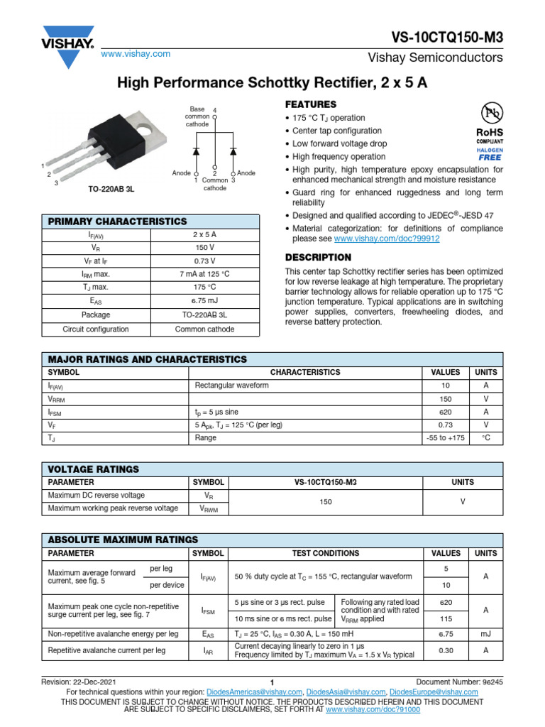 10CTQ150 Schottky Rectifier | PDF | Rectifier | Power Electronics