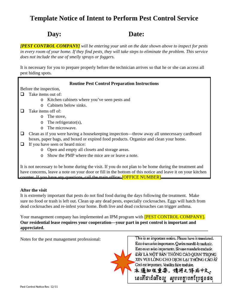 Notice of Intent to Perform Pest Control (3) | PDF