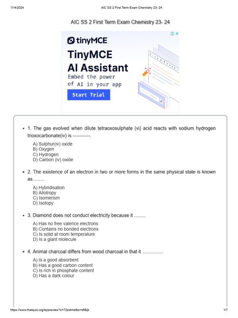 AIC SS 2 Chemistry Exam Questions 2023 | PDF | Salt (Chemistry ...