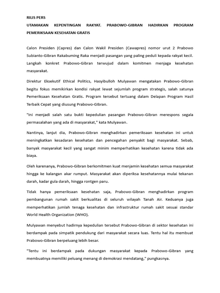 Rilis Pers - Utamakan Kepentingan Rakyat. Prabowo-Gibran Hadirkan ...
