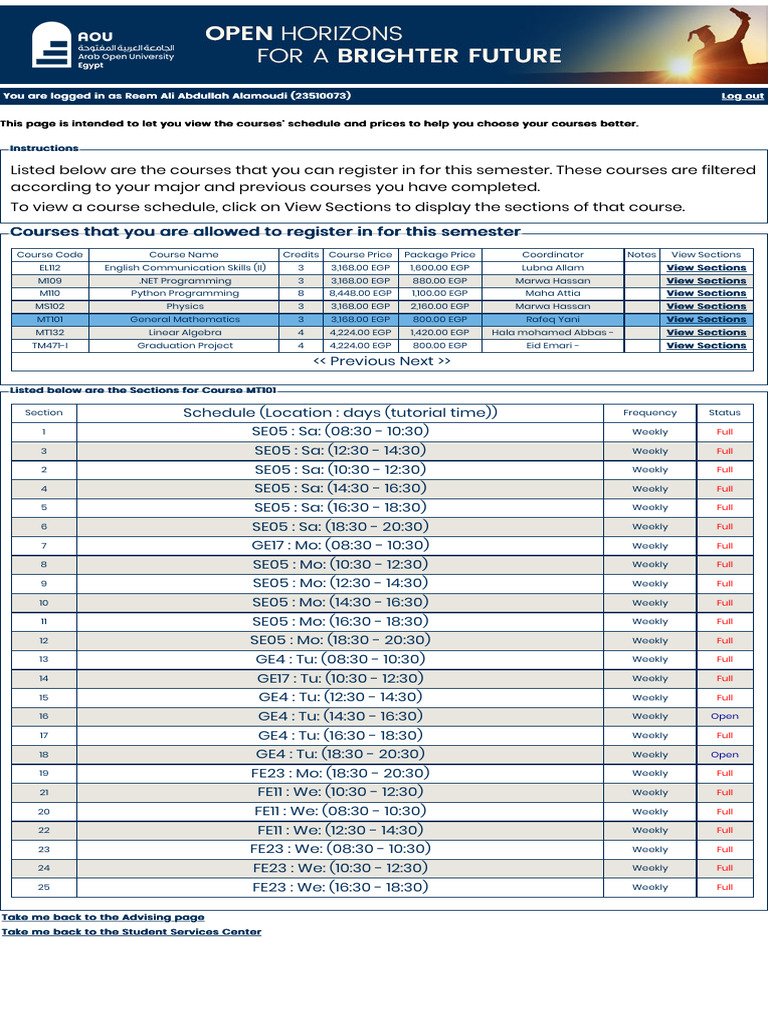 Semester Course Registration Guide | PDF | Mathematics
