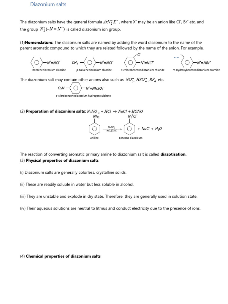Overview of Diazonium Salts and Reactions | PDF | Amine | Chemical ...