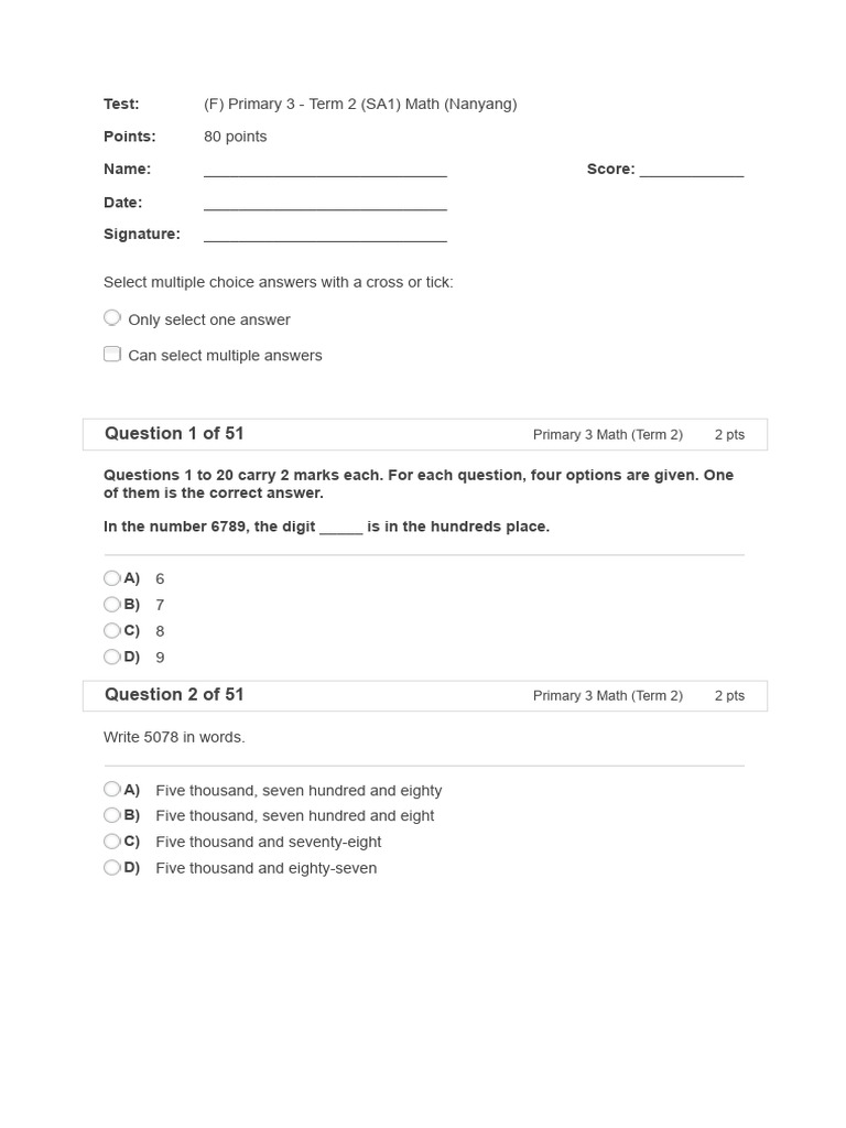 Primary 3 Math Term 2 Questions | PDF
