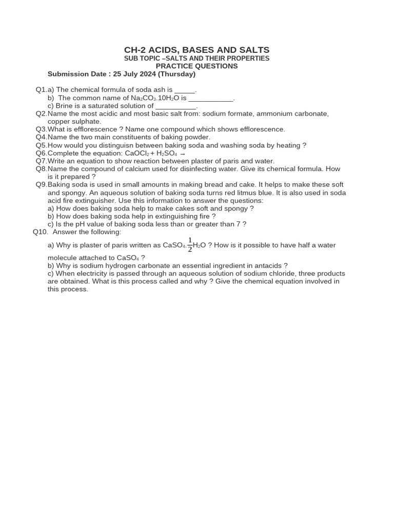 Salts and Their Properties Practice Questions | PDF