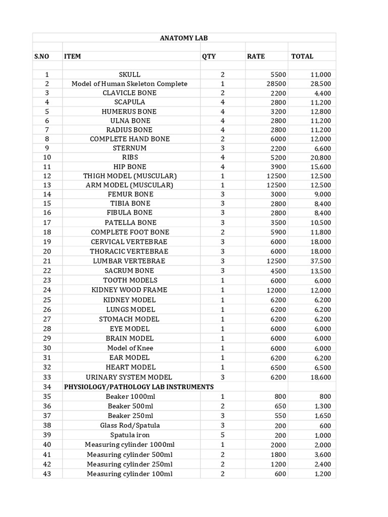 Anatomy Lab Equipment Inventory | PDF | Musculoskeletal System