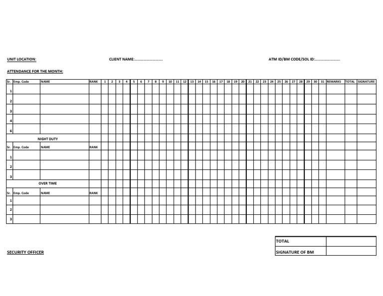 Security services attendance sheet with employee names, ranks, daily attendance columns, totals, and signatures