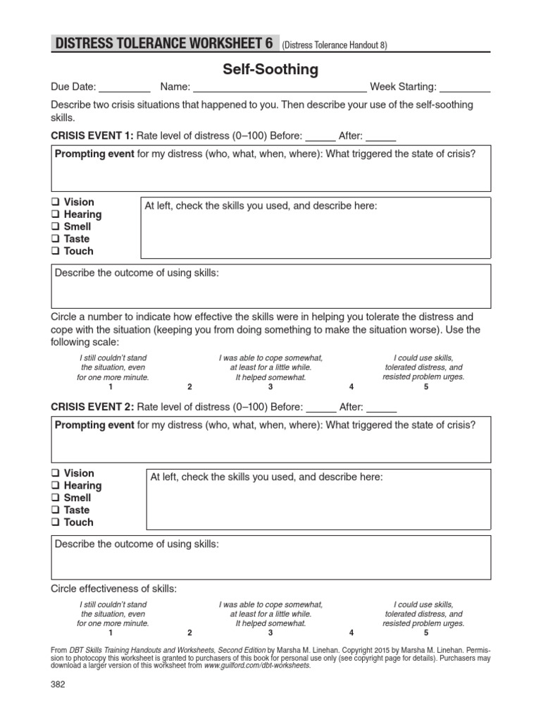Self soothing worksheet | PDF | Dialectical Behavior Therapy | Subjective Experience for Free Printable Motivational Interviewing Worksheets Pdf