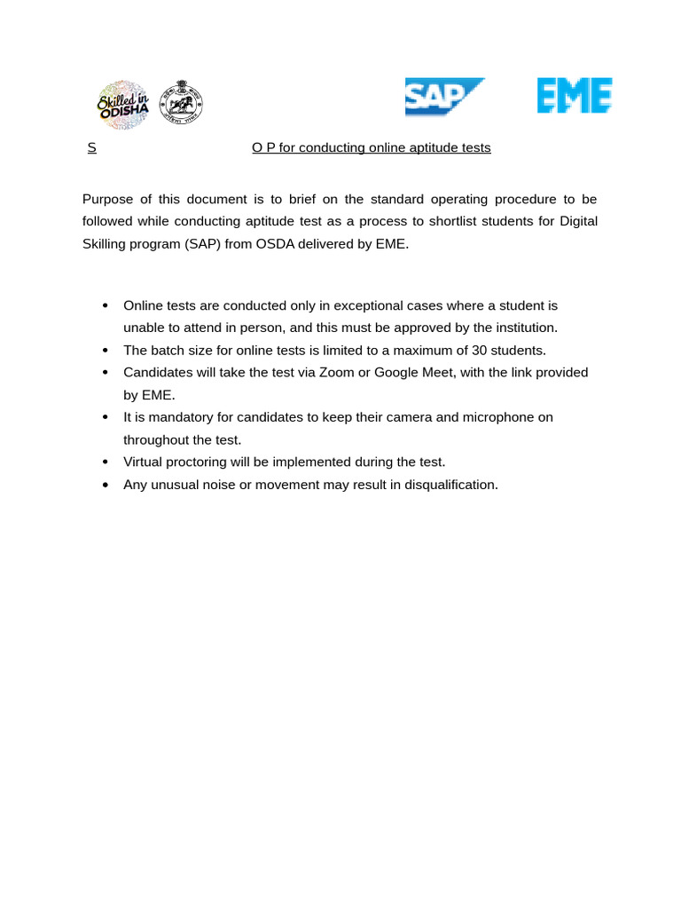 S O P For Conducting Online Aptitude Tests For Selection of Students ...