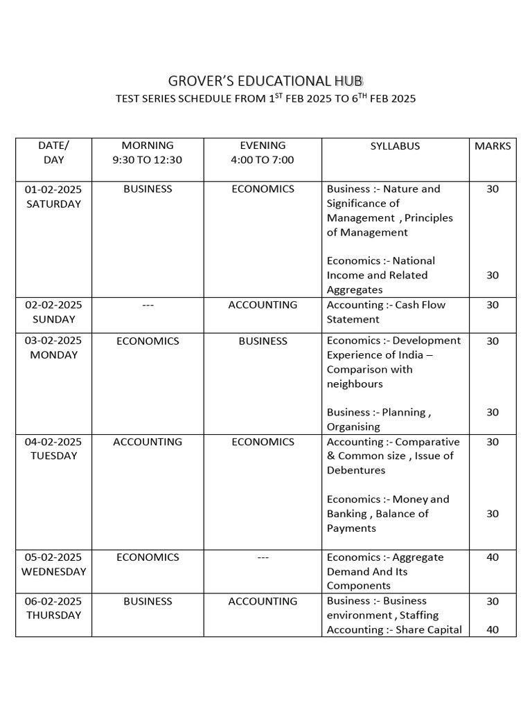 Test Series Schedule: Feb 1-6, 2025 | PDF