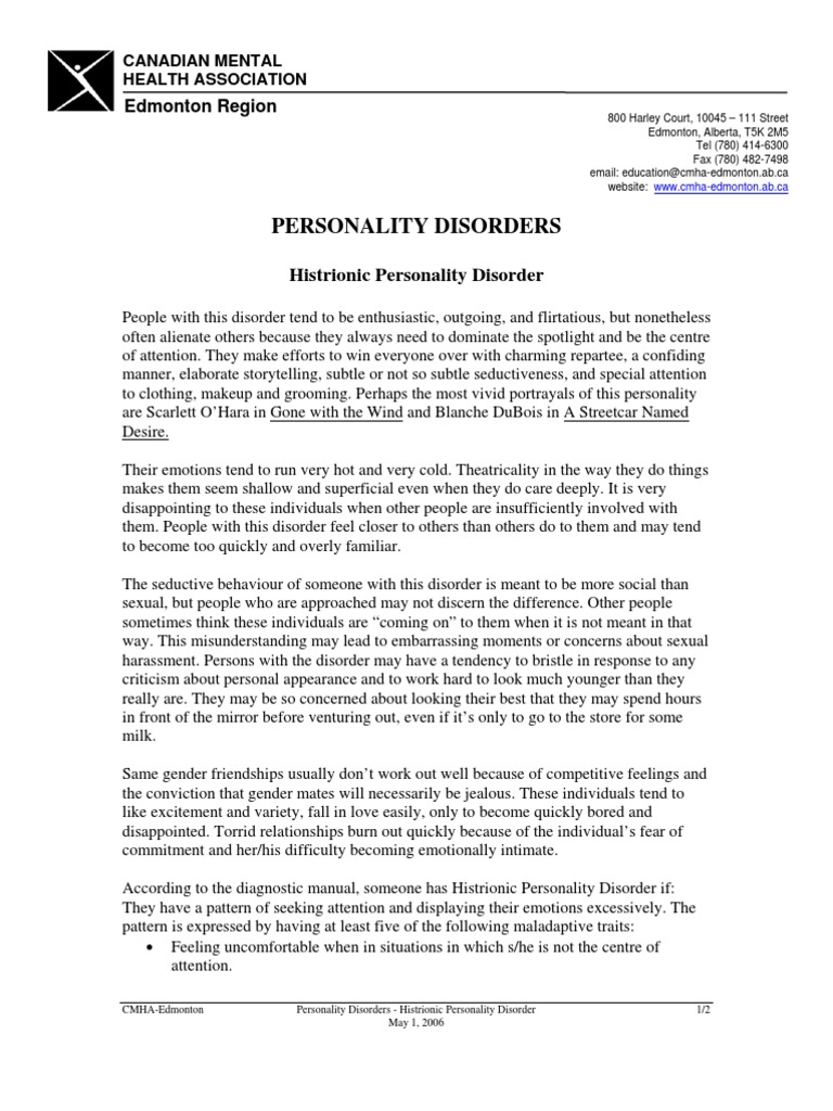 Personality Disorder - Histrionic | PDF | Personality Disorder ...