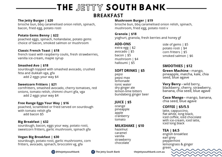 Breakfast Menu at The Jetty South Bank | PDF | Berry | Cuisine