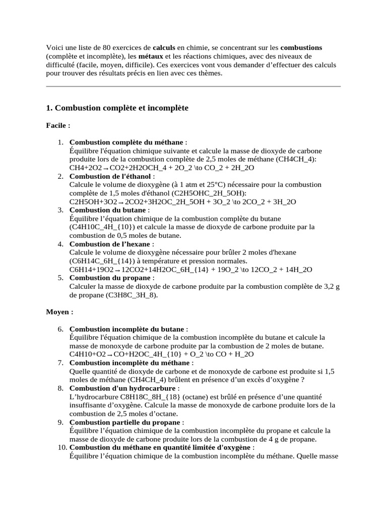 80 exercices de calculs en chimie | PDF | Acide chlorhydrique | Acide ...