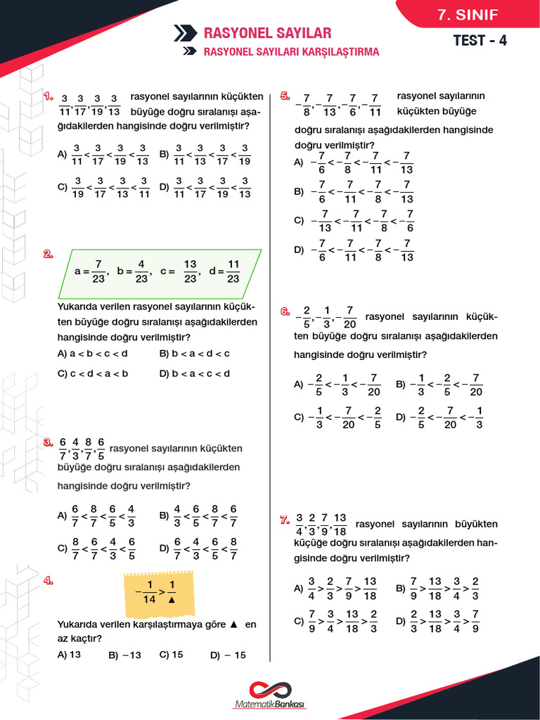 7sinif Rasyonel Sayilar Karsilastirma | PDF