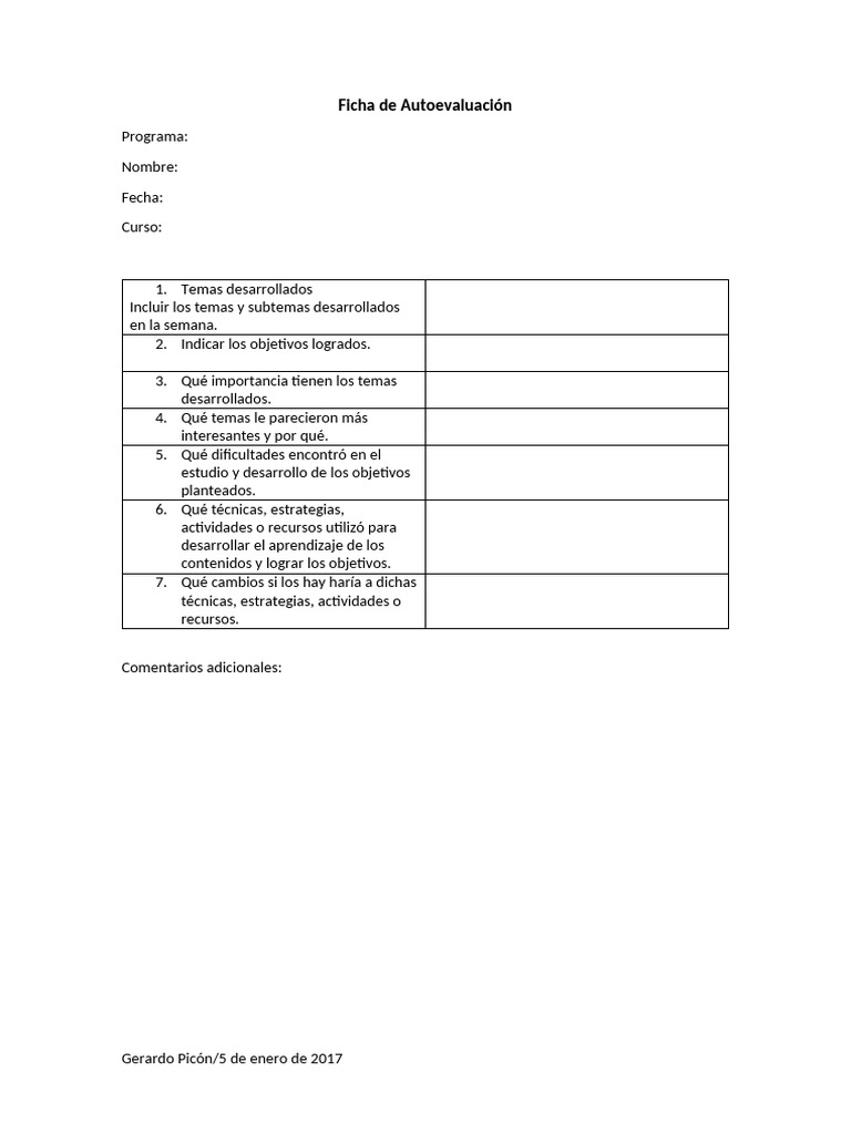 Ficha de Autoevaluación Semanal | PDF