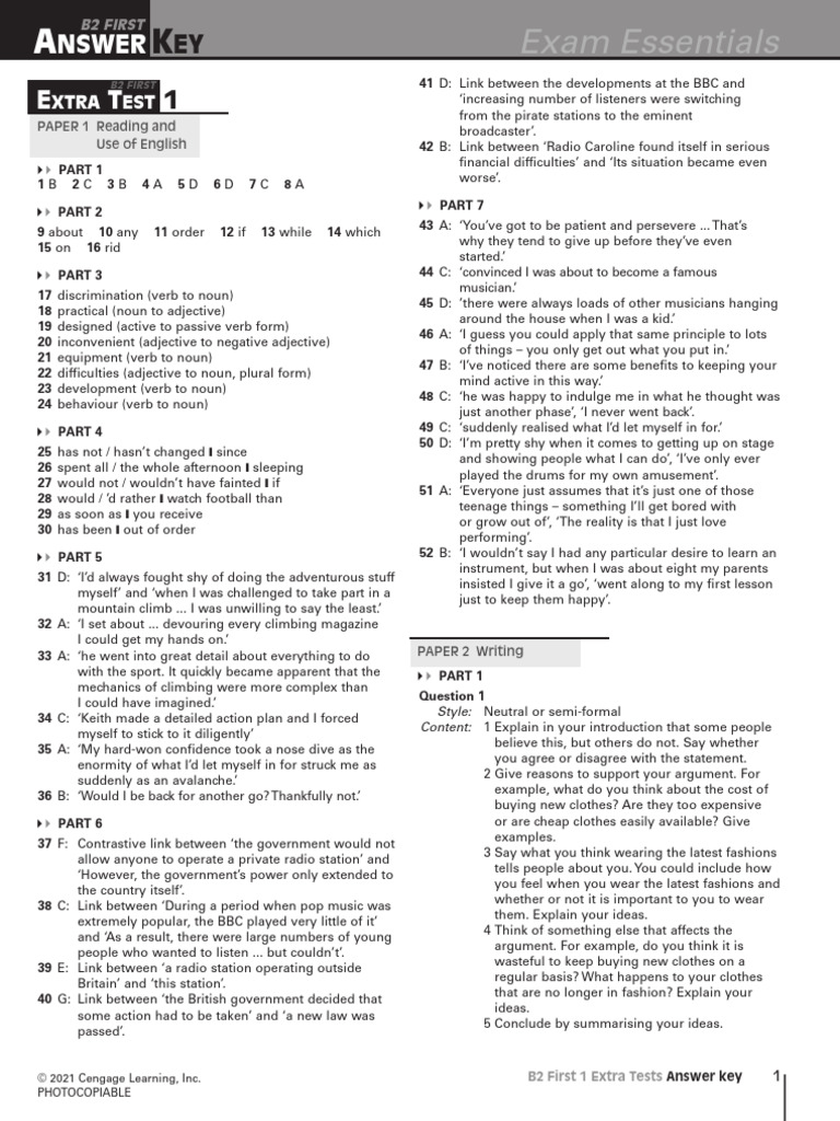 B2 First Exam Extra Tests Answer Key Pdf Verb Adjective