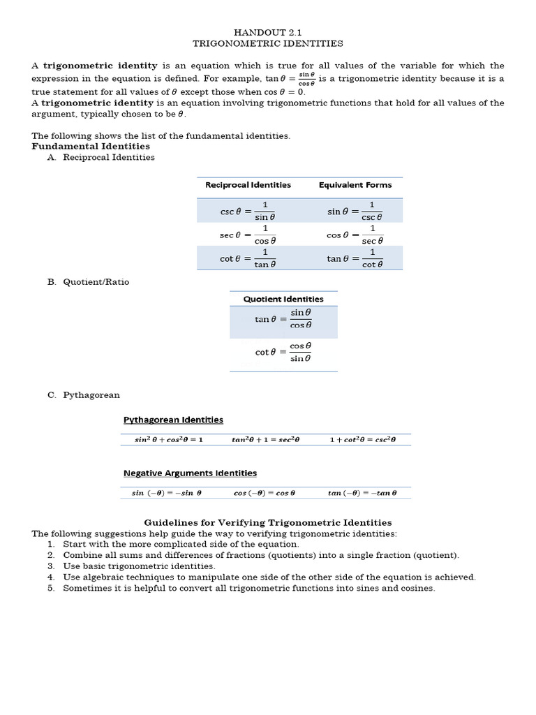 Handout 2.1 BASIC TRIGONOMETRIC IDENTITIES | PDF | Trigonometric ...