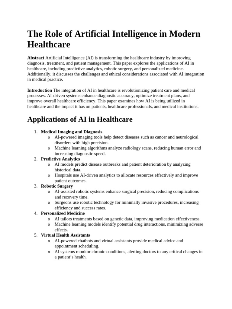 The Role of Artificial Intelligence in Modern Healthcare | PDF ...