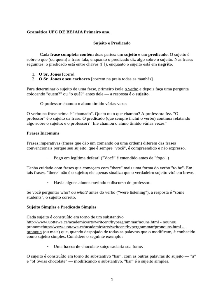 Sujeito e Predicado na Gramática | PDF | Assunto (gramática ...