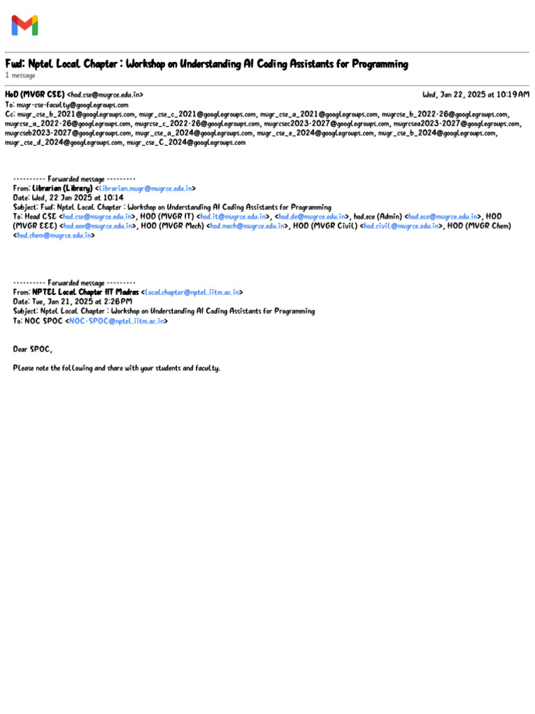 Gmail - FWD - Nptel Local Chapter - Workshop On Understanding AI Coding ...