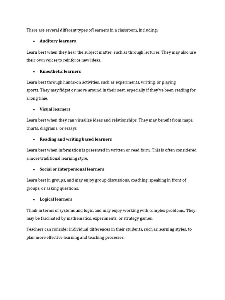 Types of Learners in Education | PDF