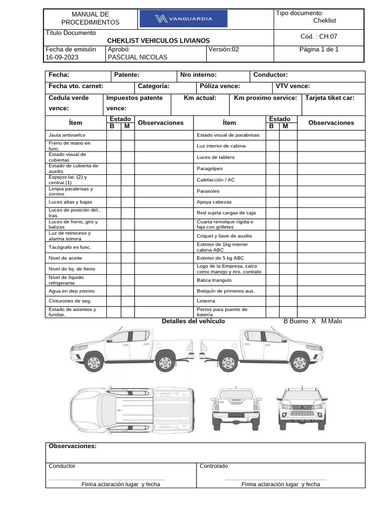 Checklist de Vehículos Livianos | PDF | Tecnología de vehículos ...