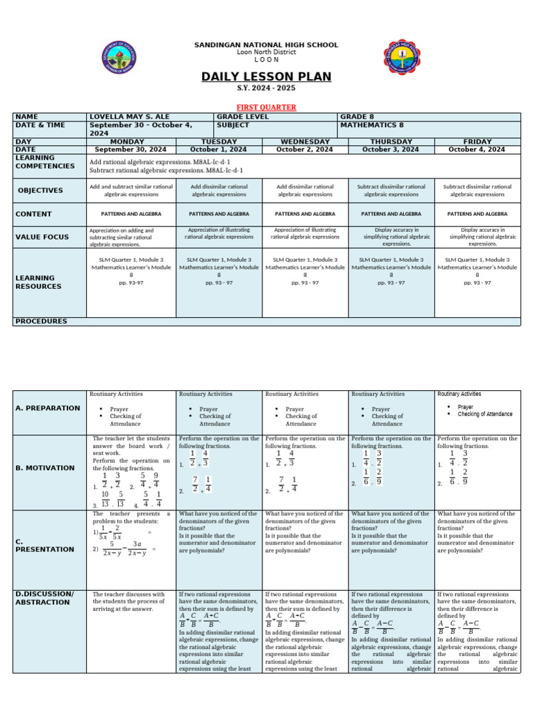 Grade 8 Math Lesson Plan: Algebra | PDF | Mathematics | Abstract Algebra