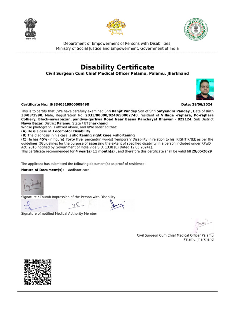 Disability Certificate - Locomotor Disability Verification | PDF
