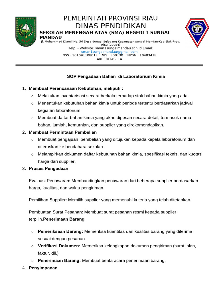 SOP Pengadaan Bahan Di Labor Kimia | PDF