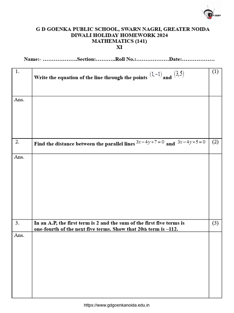 Diwali Holiday Homework 2024 Pdf