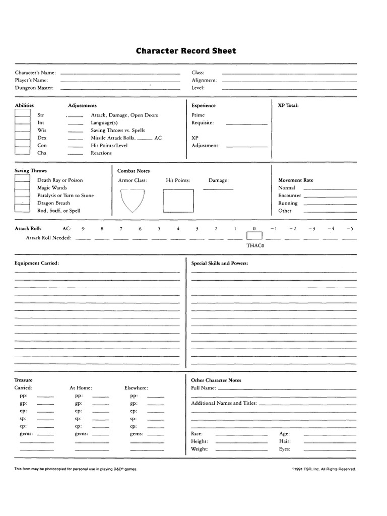 D&D Rules Cyclopedia Character Sheet | PDF