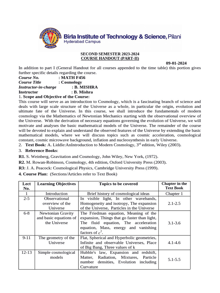 MATH F456 Cosmology Course Handout | PDF | Universe | Big Bang