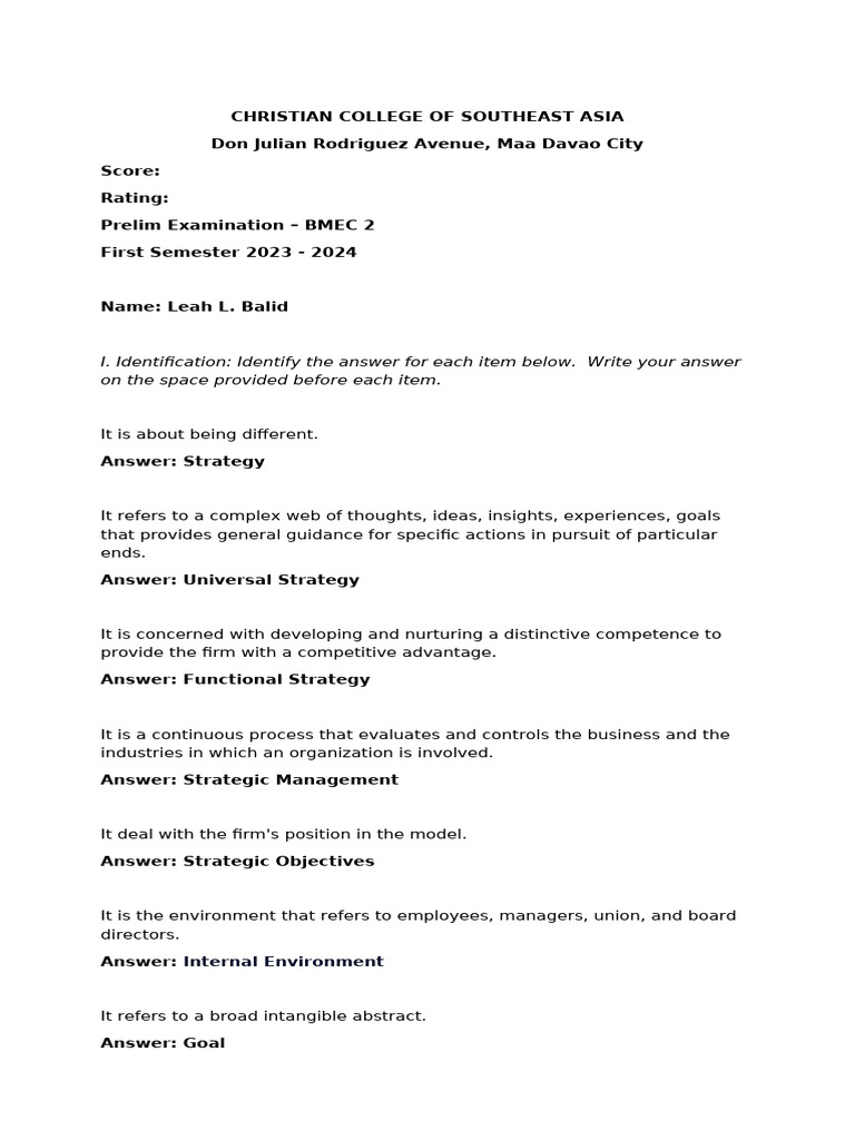 Prelim | PDF | Strategic Management | Competitive Advantage
