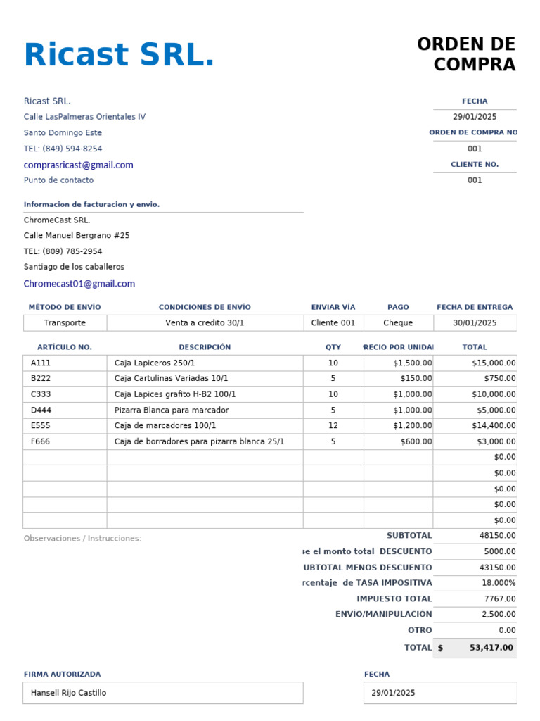 Orden de Compra Ricast SRL - 2025 | PDF
