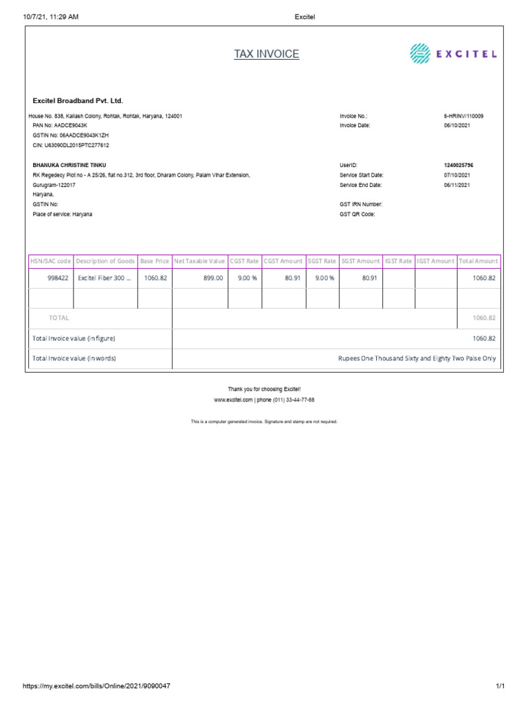 Excitel Broadband Tax Invoice 2021 | PDF | Trade | Sales
